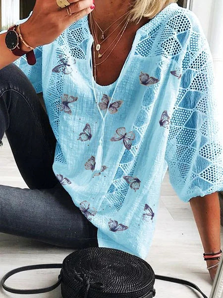 Boho Butterfly Print Sophie Laurie V-Neck Blouse