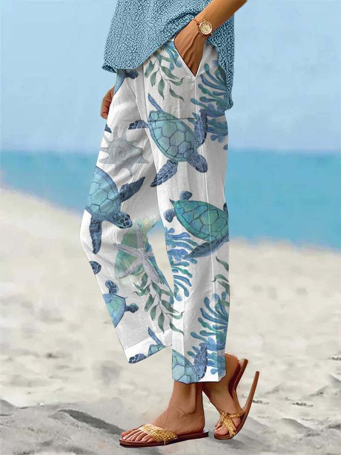 Sea Turtle Print Sophie Laurie Cropped Pants