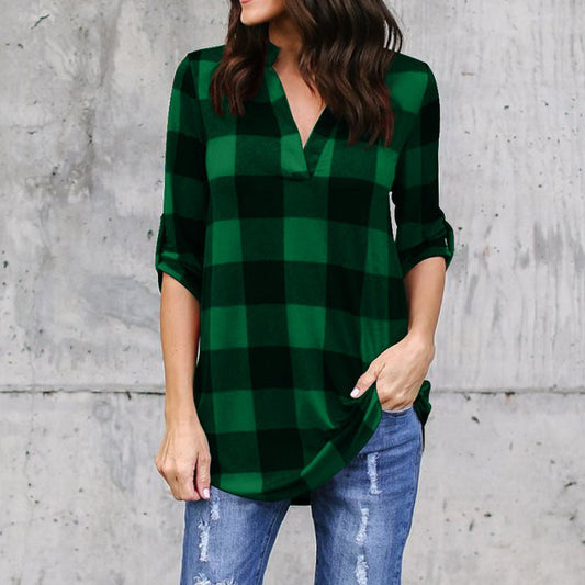 Plaid V-Neck Loose Blouse by Sophie Laurie