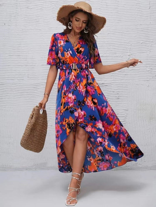 Vibrant Asymmetric V-Neck Dress by Sophie Laurie