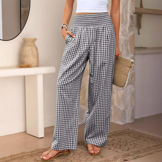 Plaid Casual Trousers Loose-fit Womens Fashion Wide-leg Pants With Pockets