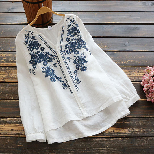 Vintage Embroidered Linen V-Neck Top by Sophie Laurie