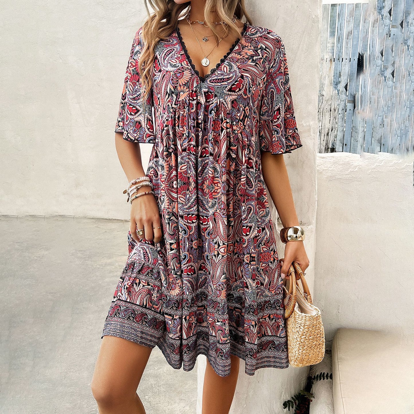 Boho Printed V-Neck Dress by Sophie Laurie