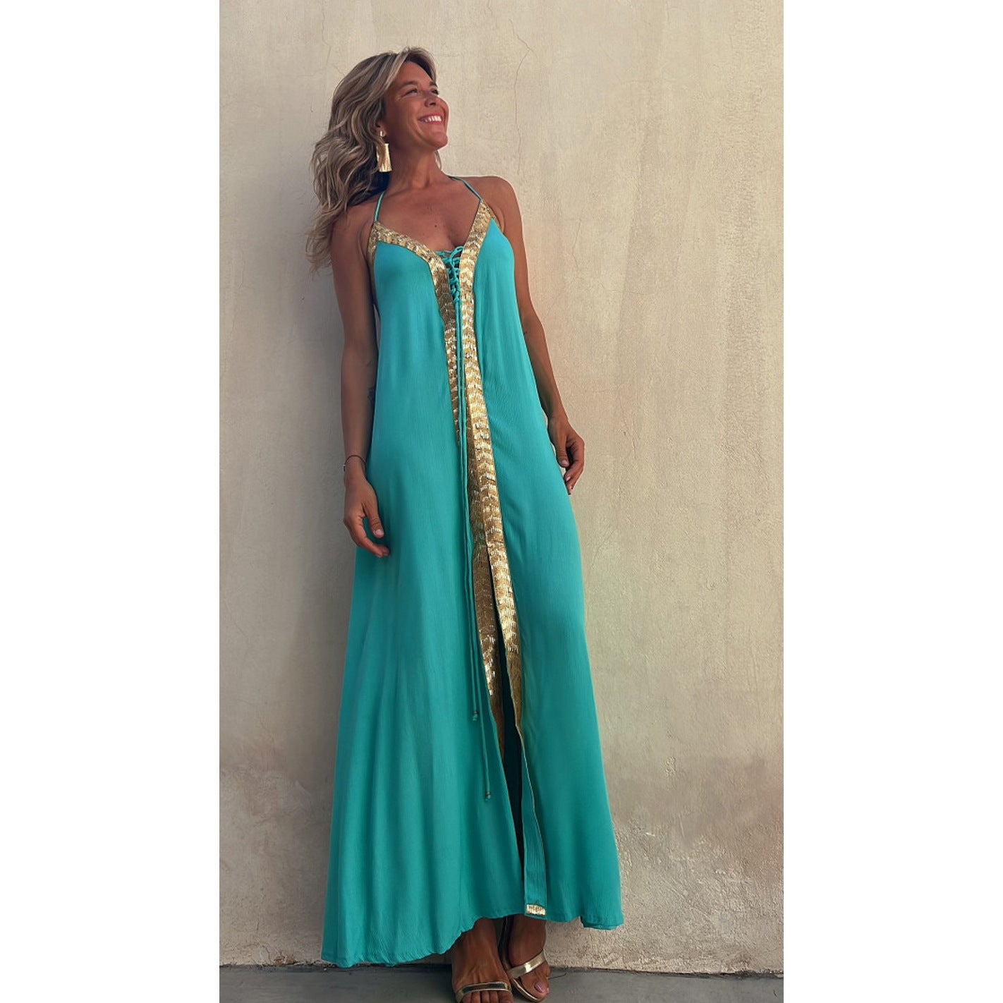 Elegant Lace-Up Halterneck Dress by Sophie Laurie