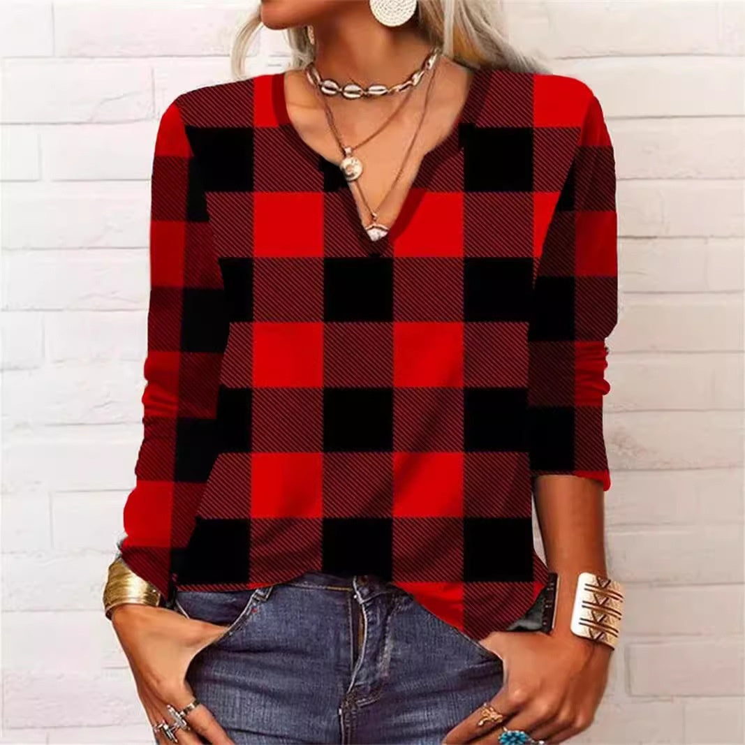 Plaid V-Neck Long Sleeve Top by Sophie Laurie