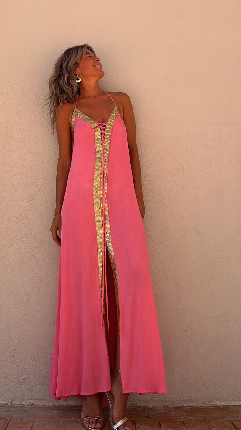 Elegant Lace-Up Halterneck Dress by Sophie Laurie