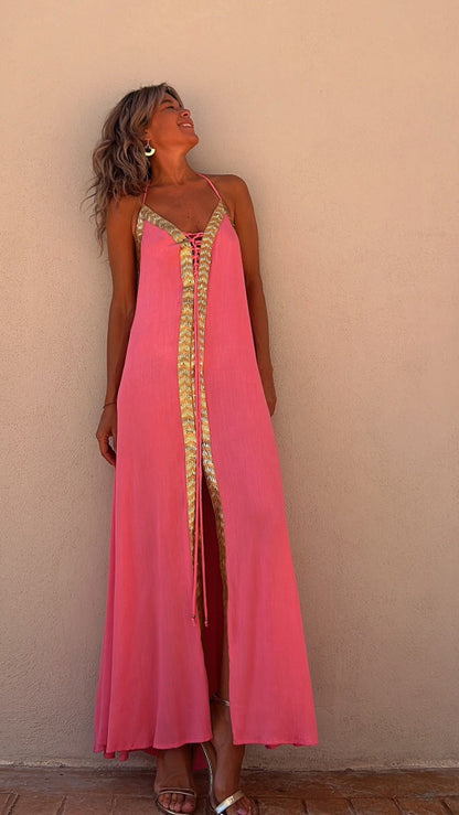 Elegant Lace-Up Halterneck Dress by Sophie Laurie