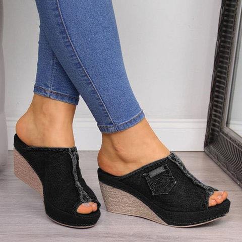 Chic Denim Wedge Sandals by Sophie Laurie