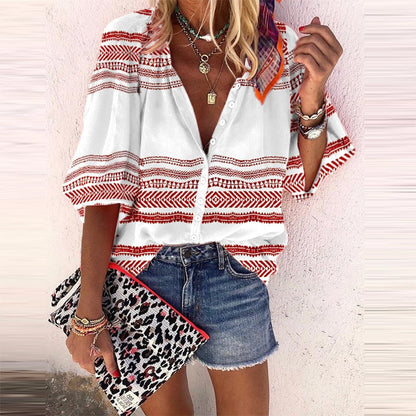 Boho Stripe Print Sophie Laurie Button Blouse