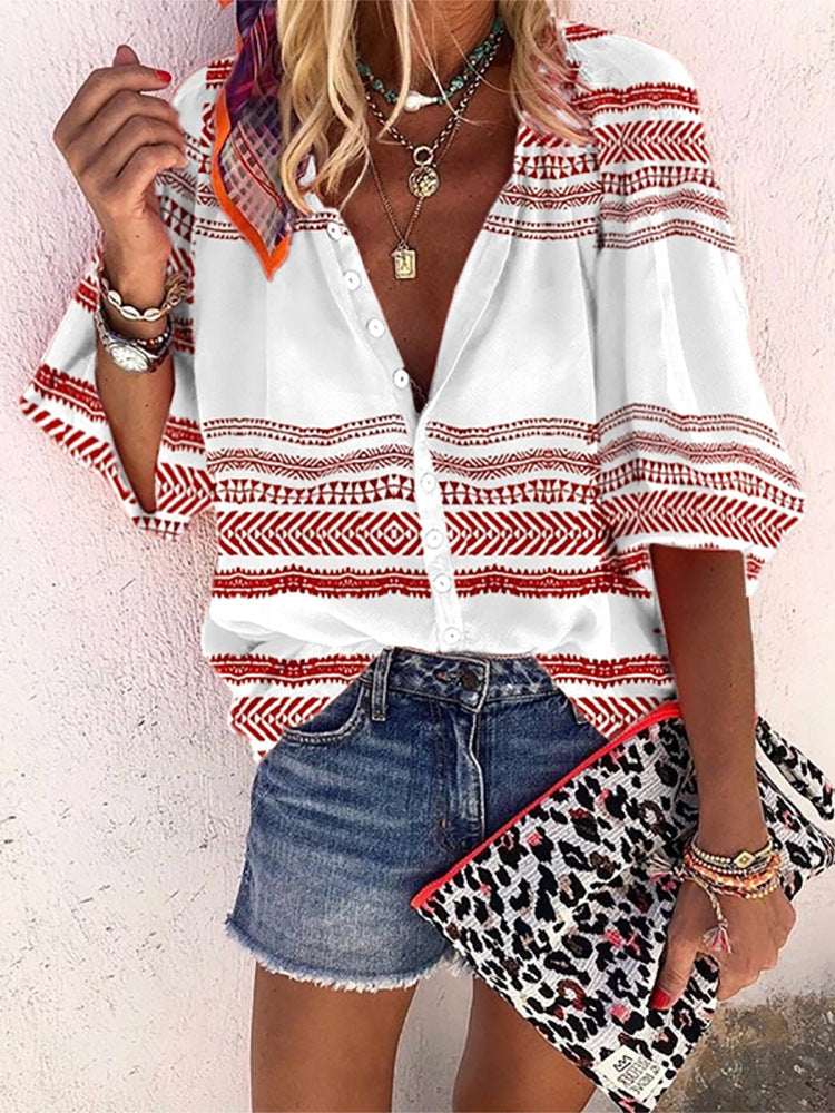 Boho Stripe Print Sophie Laurie Button Blouse