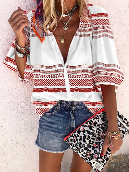 Boho Stripe Print Sophie Laurie Button Blouse