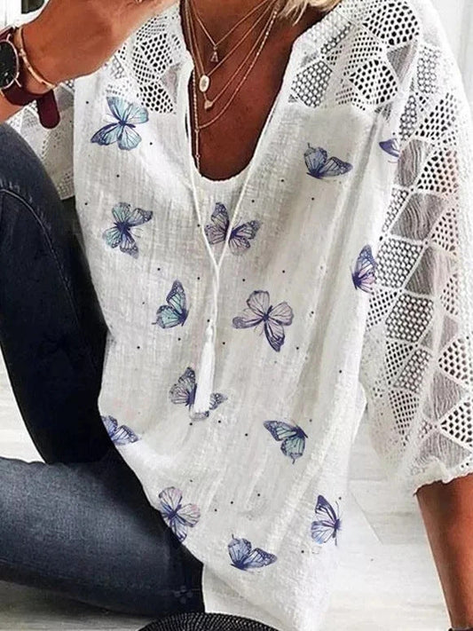 Boho Butterfly Print Sophie Laurie V-Neck Blouse