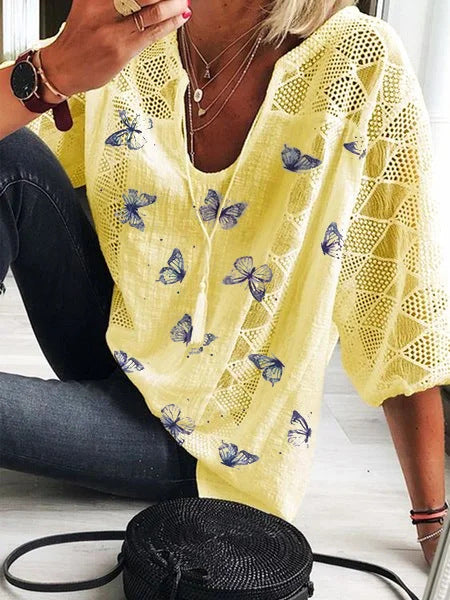 Boho Butterfly Print Sophie Laurie V-Neck Blouse