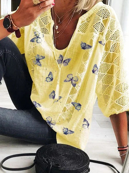 Boho Butterfly Print Sophie Laurie V-Neck Blouse