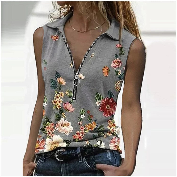Floral Zip Slim Top Sophie Laurie Sleeveless Blouse