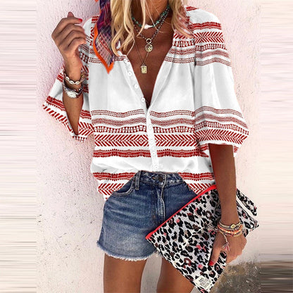 Boho Stripe Print Sophie Laurie Button Blouse