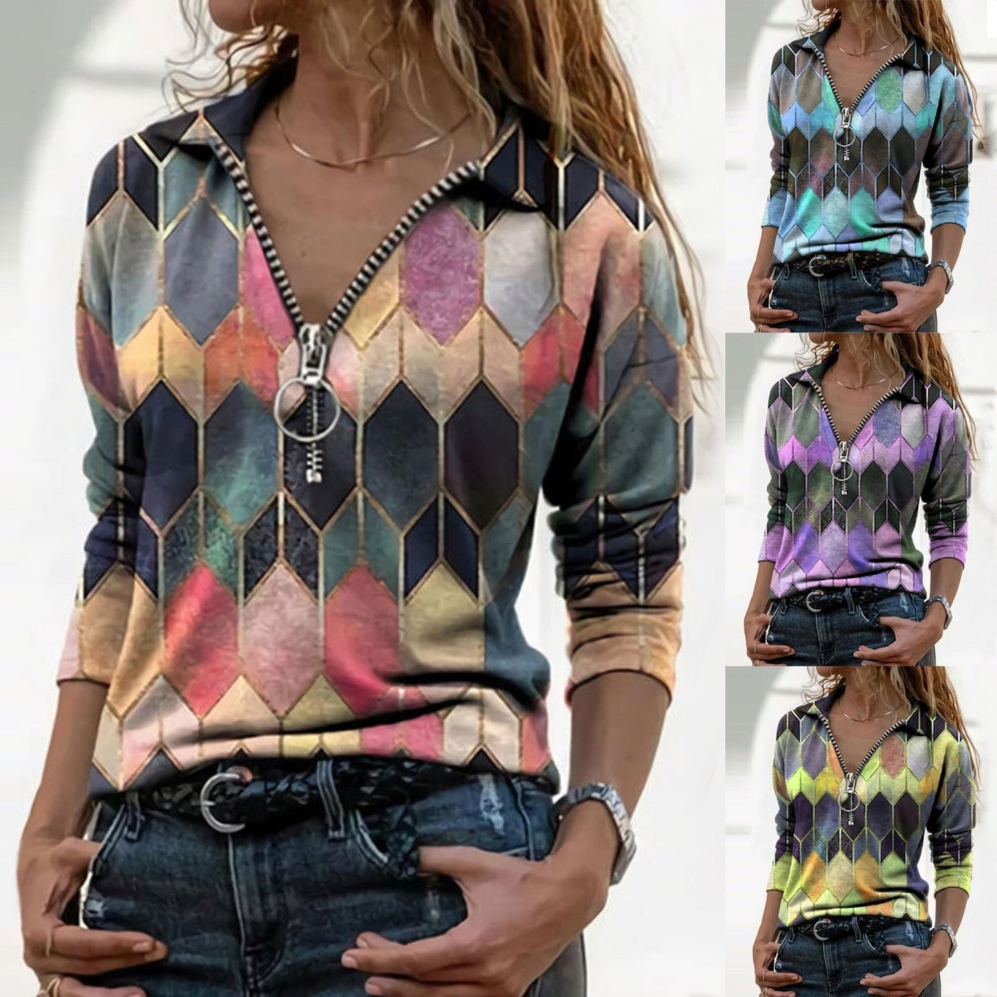 Colorful Zip V-Neck Top Sophie Laurie Perfect-Fit
