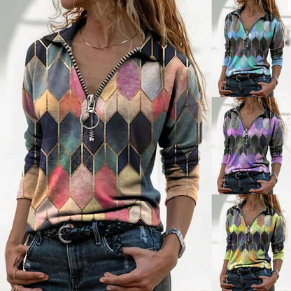 Colorful Zip V-Neck Top Sophie Laurie Perfect-Fit