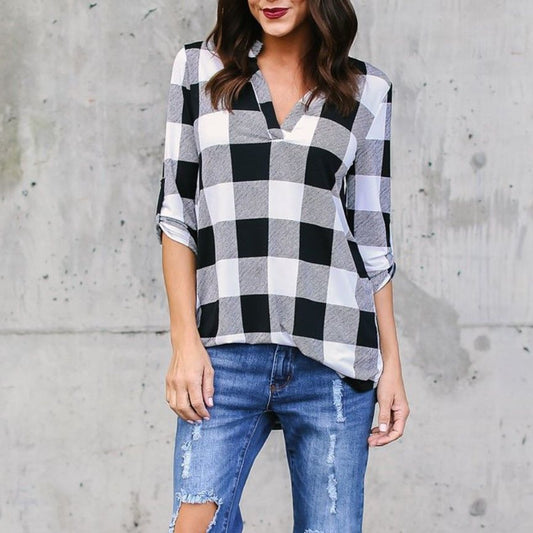 Plaid V-Neck Loose Blouse by Sophie Laurie