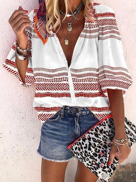 Boho Stripe Print Sophie Laurie Button Blouse