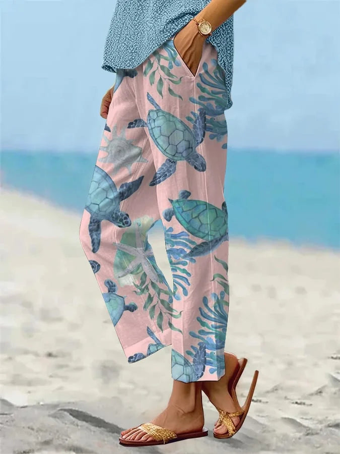 Sea Turtle Print Sophie Laurie Cropped Pants