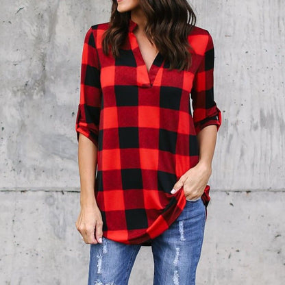 Plaid V-Neck Loose Blouse by Sophie Laurie