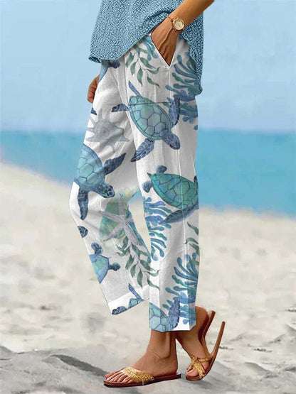 Sea Turtle Print Sophie Laurie Cropped Pants