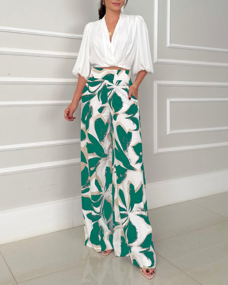 Socialite Womens Three-quarter-sleeve Fashionable Casual Wide-leg Pants Set
