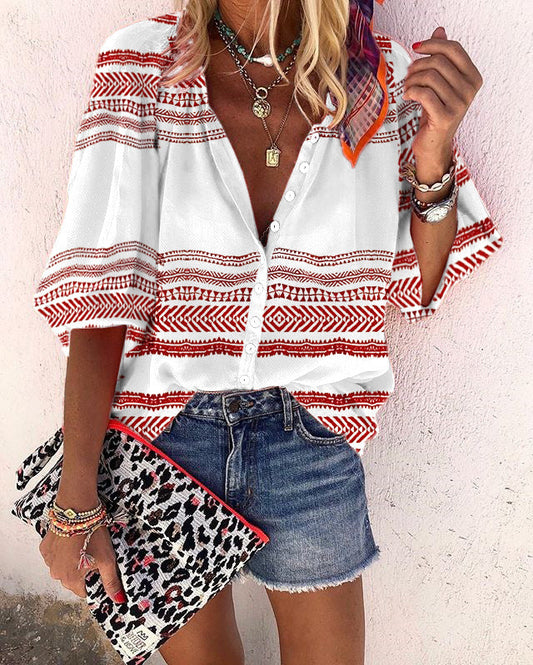 Boho Stripe Print Sophie Laurie Button Blouse