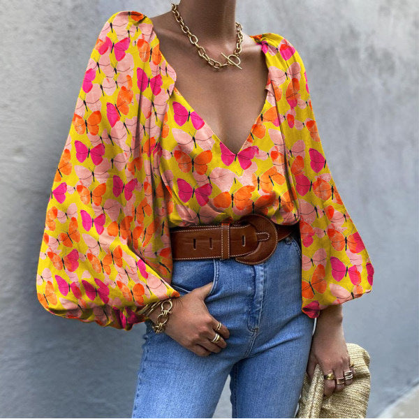 Retro Butterfly V-Neck Blouse by Sophie Laurie