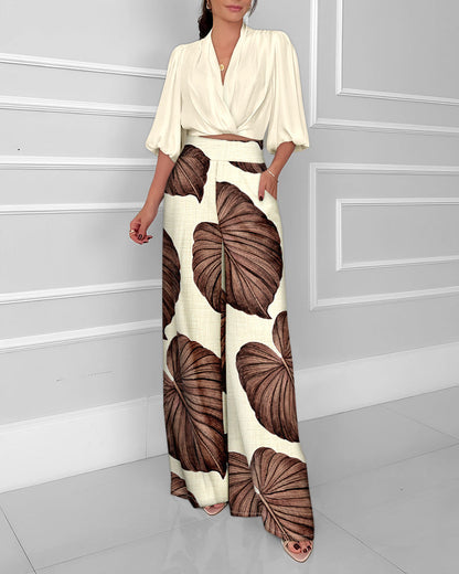 Socialite Womens Three-quarter-sleeve Fashionable Casual Wide-leg Pants Set