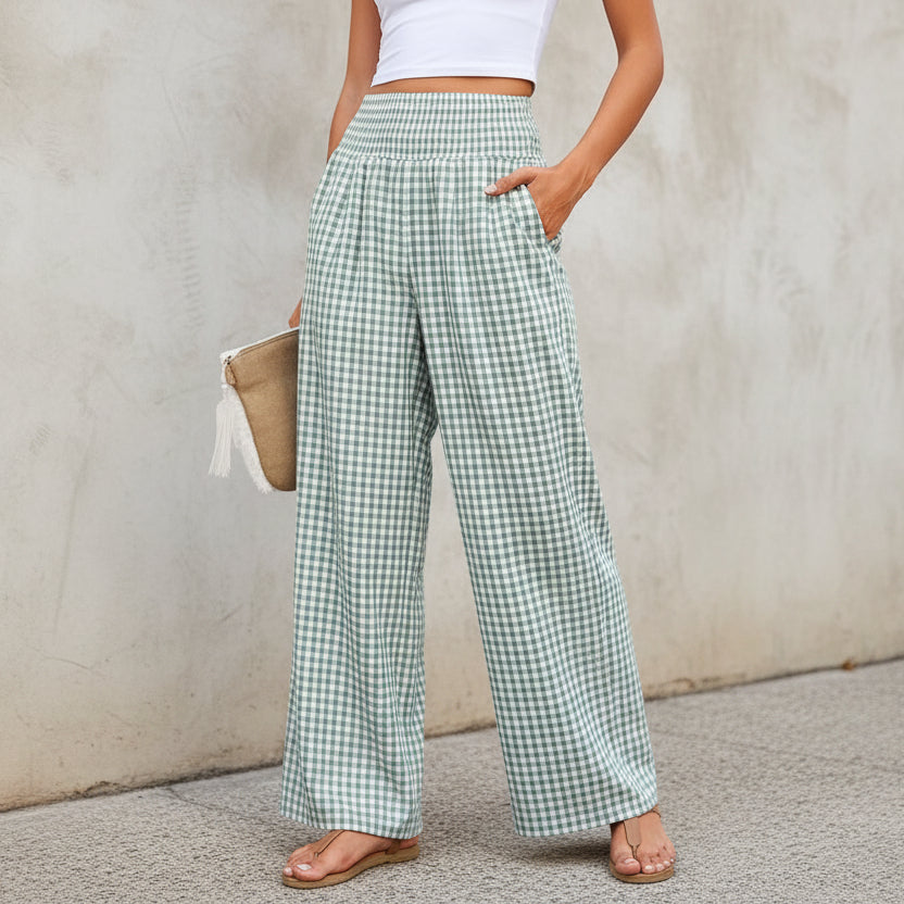 Plaid Casual Trousers Loose-fit Womens Fashion Wide-leg Pants With Pockets