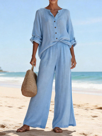 Womens Casual V Neck Long Sleeve Shirt And Pants Set In Cotton Available In Multiple Colors