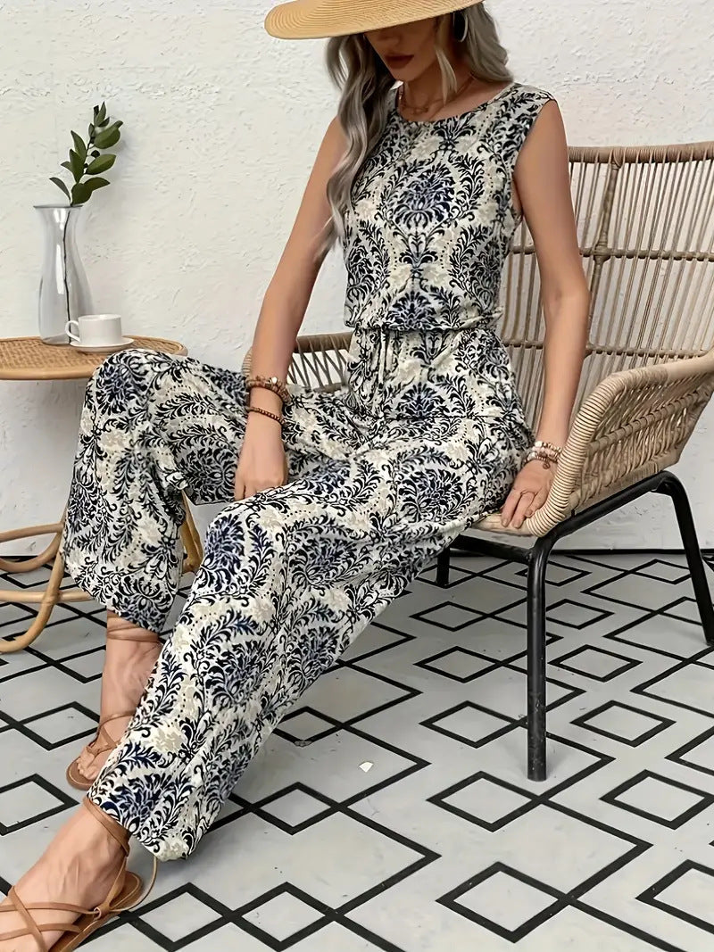 Womens Printed Sleeveless Top And Wide-Leg Pants Set