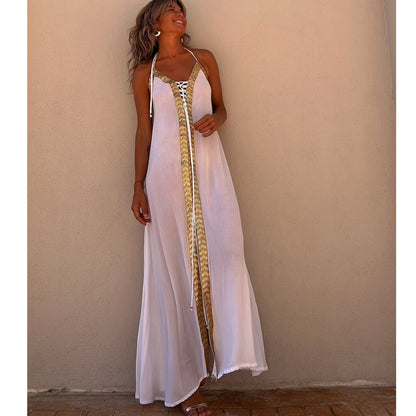 Elegant Lace-Up Halterneck Dress by Sophie Laurie