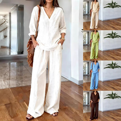Womens Multi-color Cotton Long-sleeve Top And Pants Pre-washed