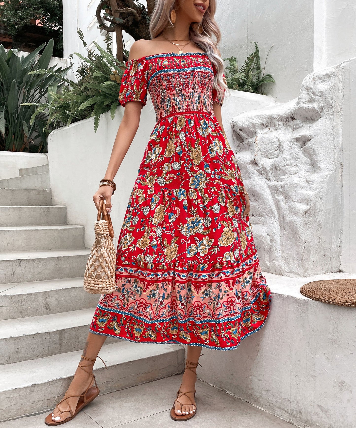 Boho Floral Sophie Laurie Off-Shoulder Midi Dress