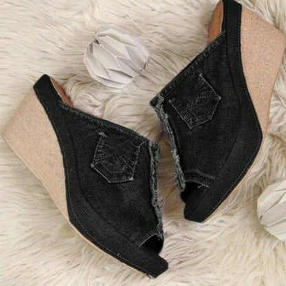 Chic Denim Wedge Sandals by Sophie Laurie