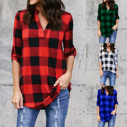 Plaid V-Neck Loose Blouse by Sophie Laurie