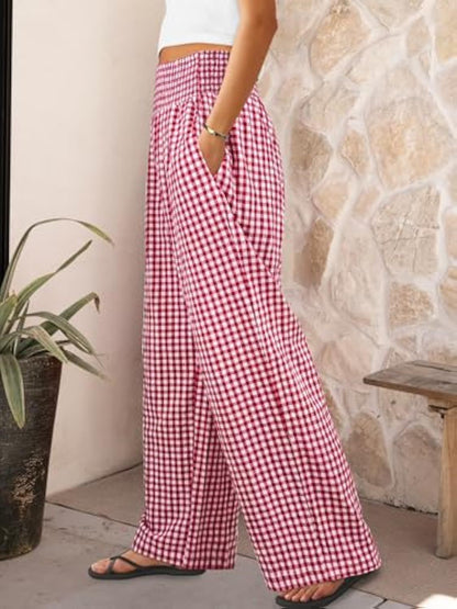 Plaid Casual Trousers Loose-fit Womens Fashion Wide-leg Pants With Pockets