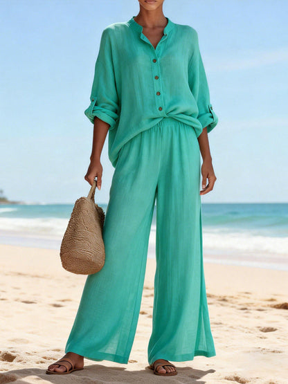 Womens Casual V Neck Long Sleeve Shirt And Pants Set In Cotton Available In Multiple Colors