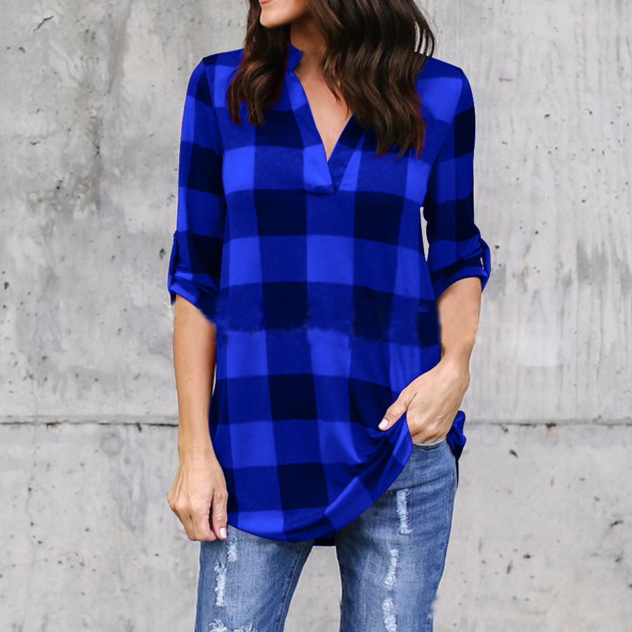 Plaid V-Neck Loose Blouse by Sophie Laurie