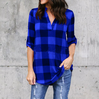Plaid V-Neck Loose Blouse by Sophie Laurie