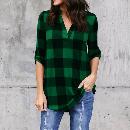 Plaid V-Neck Loose Blouse by Sophie Laurie