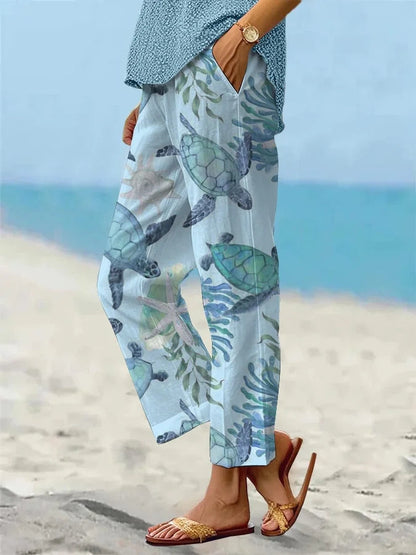 Sea Turtle Print Sophie Laurie Cropped Pants