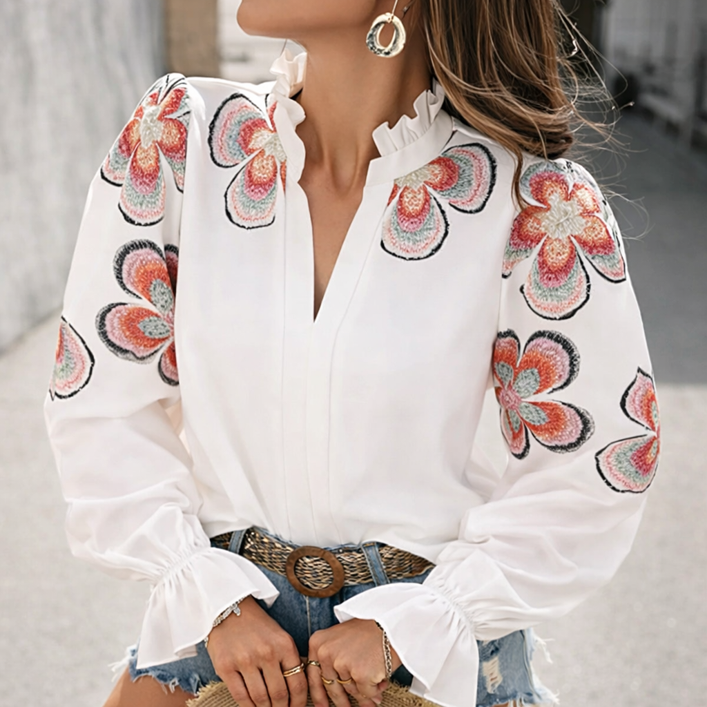 Chic V-Neck Ruffle Blouse by Sophie Laurie
