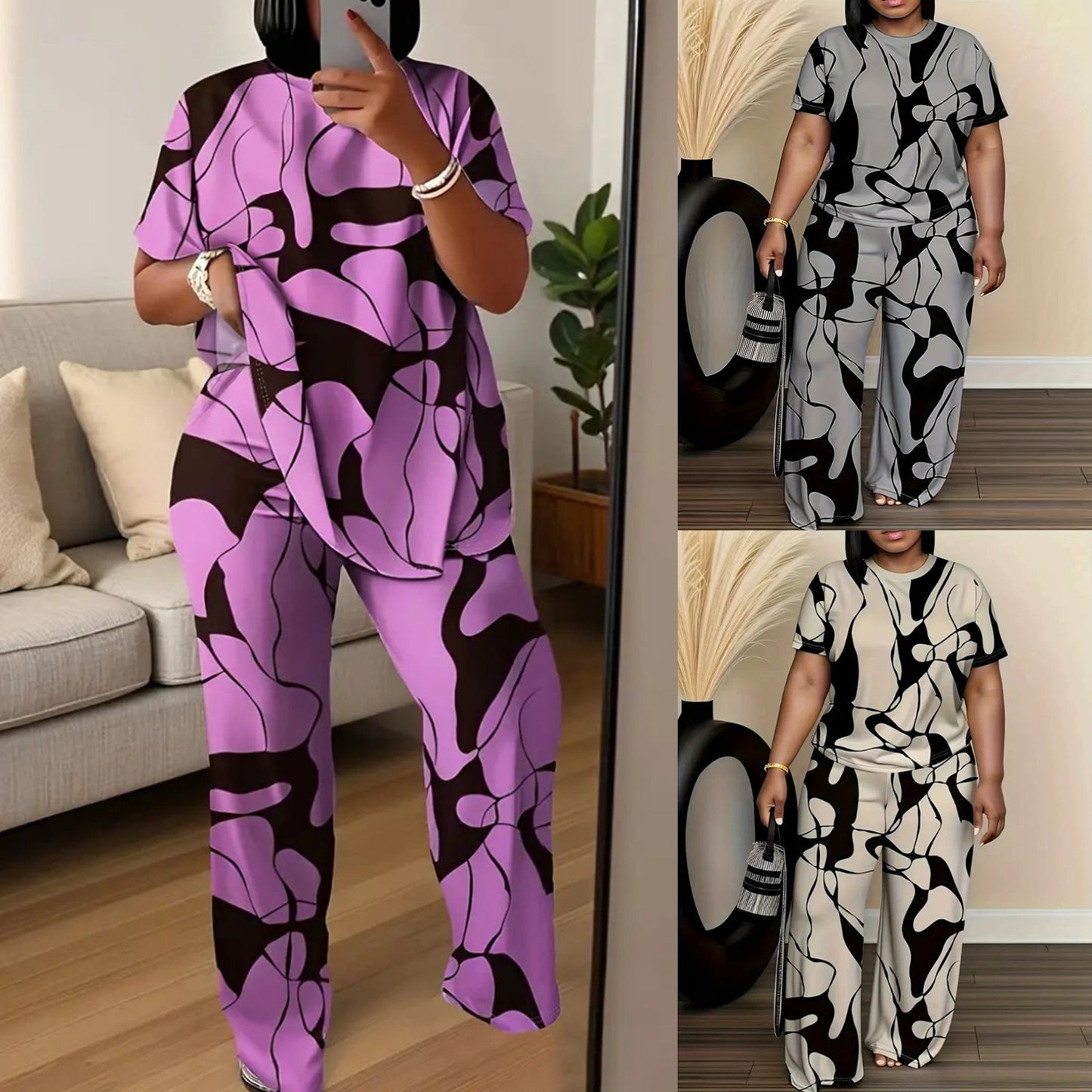 Plus Size Abstract Print Comfy Two-Piece Lounge Set by Sophie