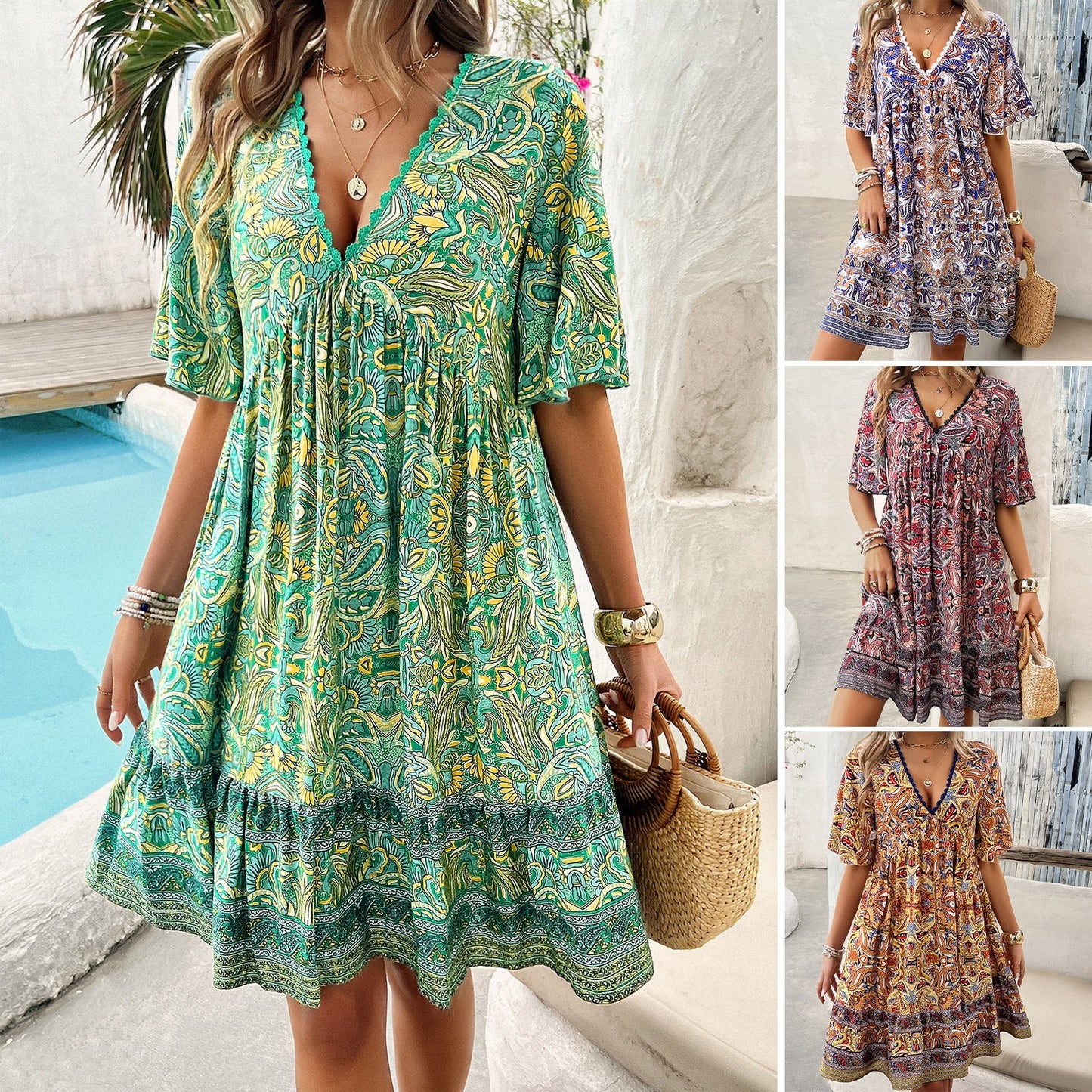 Boho Printed V-Neck Dress by Sophie Laurie