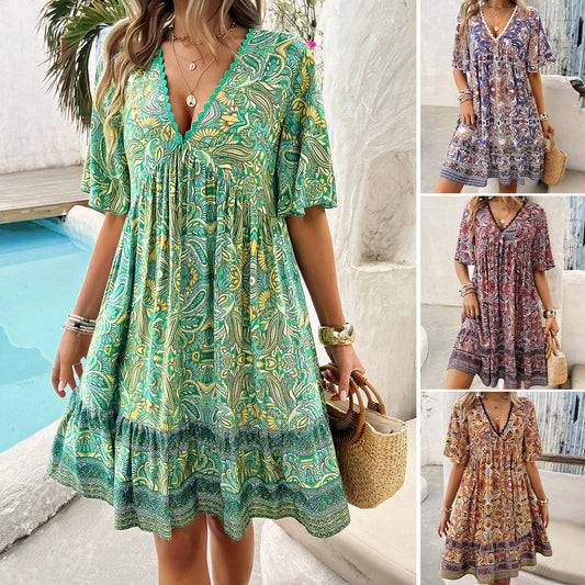 Boho Printed V-Neck Dress by Sophie Laurie