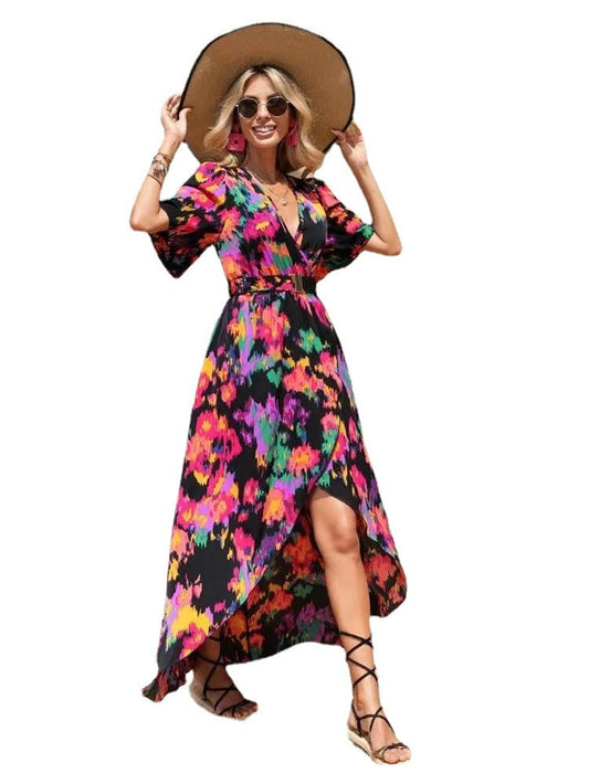 Vibrant Asymmetric V-Neck Dress by Sophie Laurie